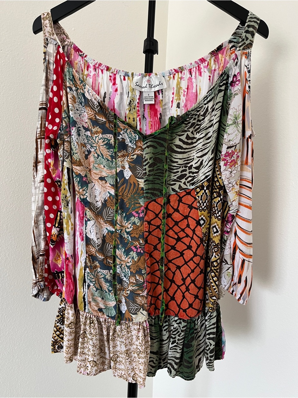 Sacred Threads Patchwork Boho Cold Shoulder Top | Small